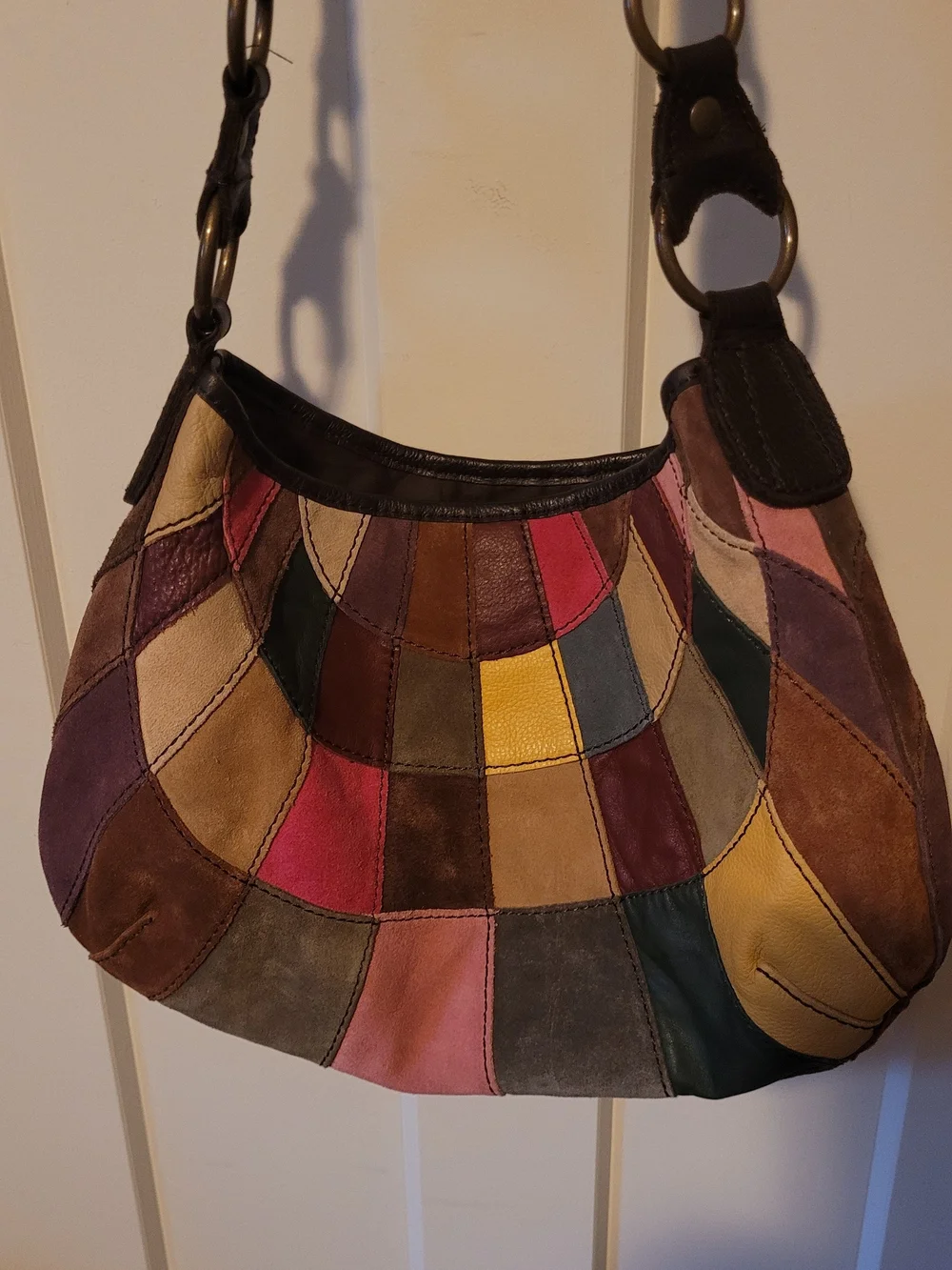 Y2k Lucky Brand Patchwork Hobo Bag in Brown, Pink, Yellow, Green, Blue